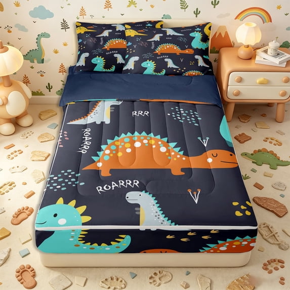 Erosebridal Kawaii Cartoon Dinosaur Zipper Full Size Comforter Sets with Fitted Sheet and 2 Pillowcases,Cartoon Jungle Animal Zipper Bedding Set,Mint Green Orange Navy,Navy Blue Reversible