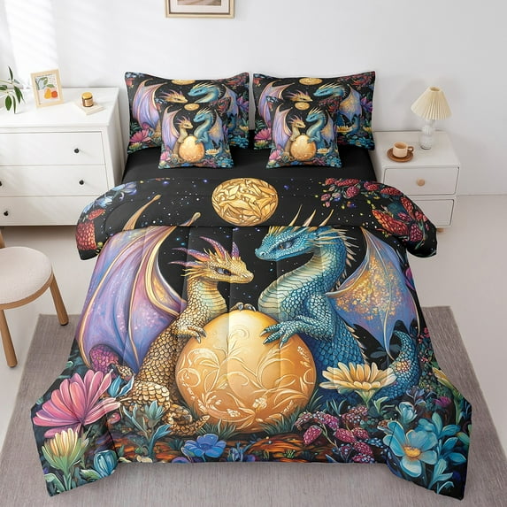 Erosebridal Kawaii Cartoon Dragon Bed in a Bag Full size, Boho Floral Bed Set, Starry Sky Room Decor, 7pcs