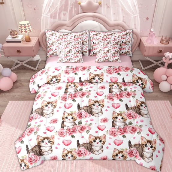 Erosebridal Kawaii Cat Animal Bedding Comforter Set 7 Pieces, Pink Rose Floral Full Bedding Set