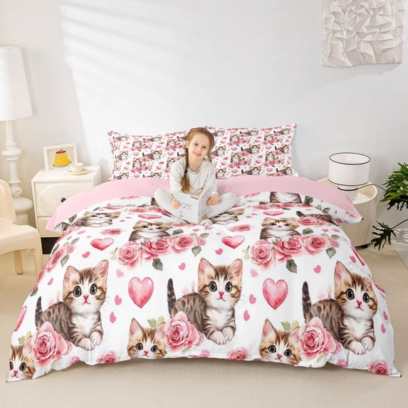 Erosebridal Kawaii Cat Animal Queen Duvet Cover Set, Pink Rose Floral Bedding, 3-Piece, No Comforter