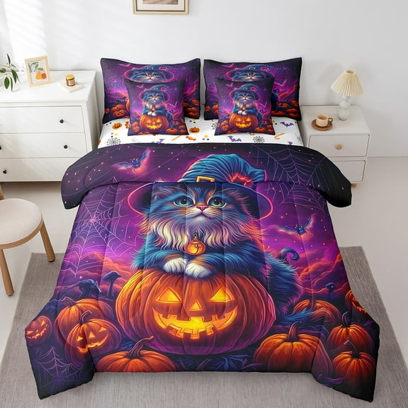 Erosebridal Kawaii Cat Bed in a Bag Queen size, Horror Pumpkin Bedding Sets Queen Size, Happy Halloween Reversible Comforter Sets with Sheets, Ultra Soft Bedroom Decor, 7 Pieces