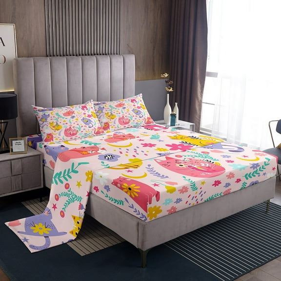 Erosebridal Kawaii Cat Bed Sheets Set Twin Size, Flower Plant Bed Sheets Twin, Cartoon Kitten Reversible Sheet Set Twin, Breathable Room Decoration, 3pcs