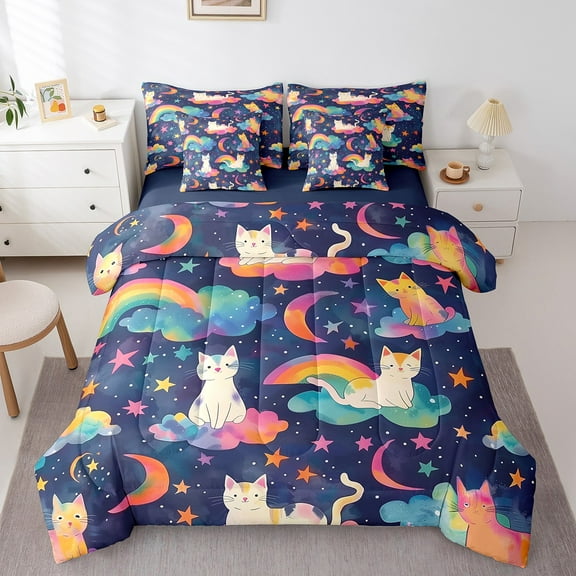 Erosebridal Kawaii Cat Bed in a Bag Full size,Cartoon Rainbow Bed Set,Stars Decor,Reversible,Lightweight,7-Piece