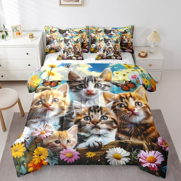 Erosebridal Kawaii Cat Bedding Sets Twin Size, Cute Kitten Comforter Sets with Sheets, Colorful Floral Room Decor, Reversible 7-Piece