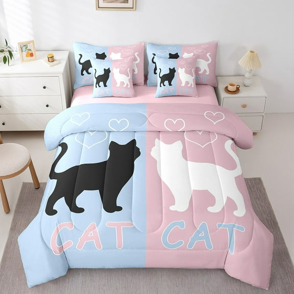 Erosebridal Kawaii Cat Bedding Sets Twin Size,Valentine'S Day Comforter Sets with Sheets,Couple Lover Bed in a Bag Twin size,Lightweight Romantic Bedroom Decorative,Reversible,7pcs
