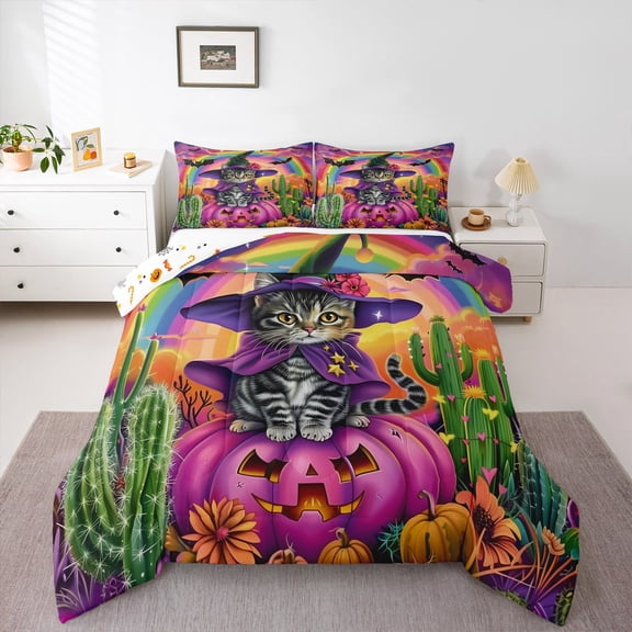 Erosebridal Kawaii Cat Bedding Twin Comforter Set, Purple Pumpkin Bedding Sets Twin with Comforter, Happy Halloween Reversible Down Comforter, Microfiber Bedroom Decor, 2 Pieces
