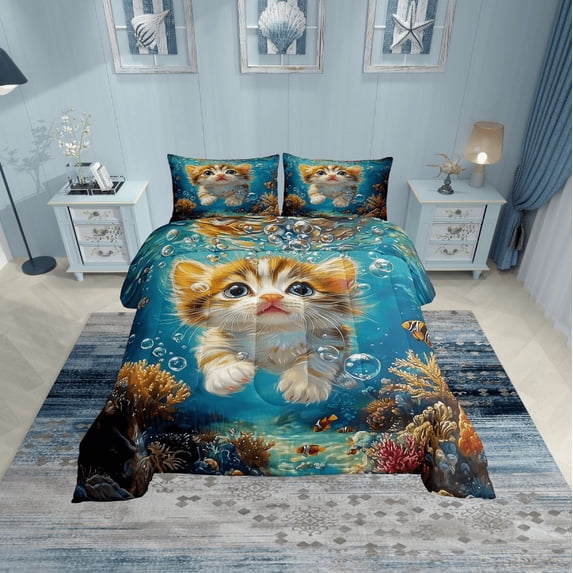 Erosebridal Kawaii Cat Bedding Twin Comforter Set, Underwater World Down Comforter, Colorful Coral Decor, Super Cozy