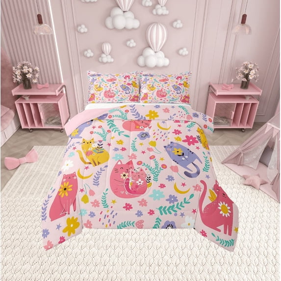 Erosebridal Kawaii Cat Comforter Sets Twin Size, Flower Plant Comforters & Duvets, Cartoon Kitten Reversible Duvet Insert, Breathable Room Decoration, 2pcs