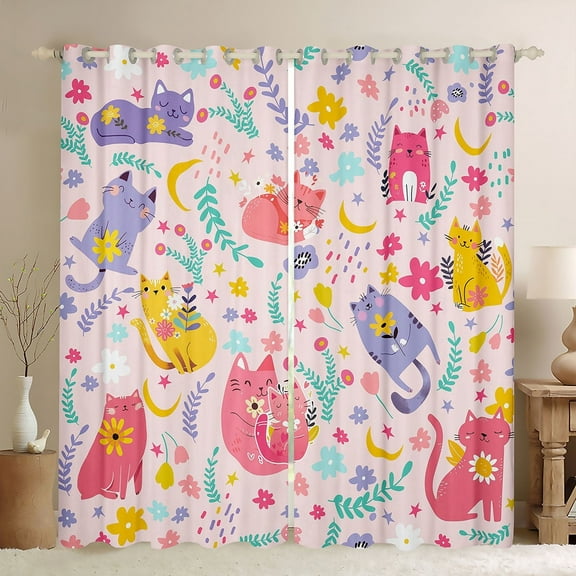 Erosebridal Kawaii Cat Curtains and Drapes (38x45), Flower Plant 30%-50% Blackout Curtains for Bedroom, Cartoon Kitten Curtains for Living Room, Window Curtains Room Decoration
