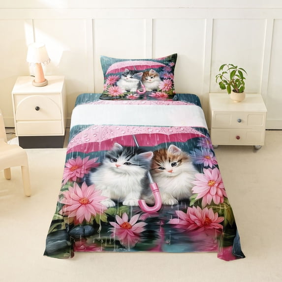 Erosebridal Kawaii Cat Kitten Twin Sheet Sets,Pink Lotus Flowers Bedding For Girls Kids 3-Piece