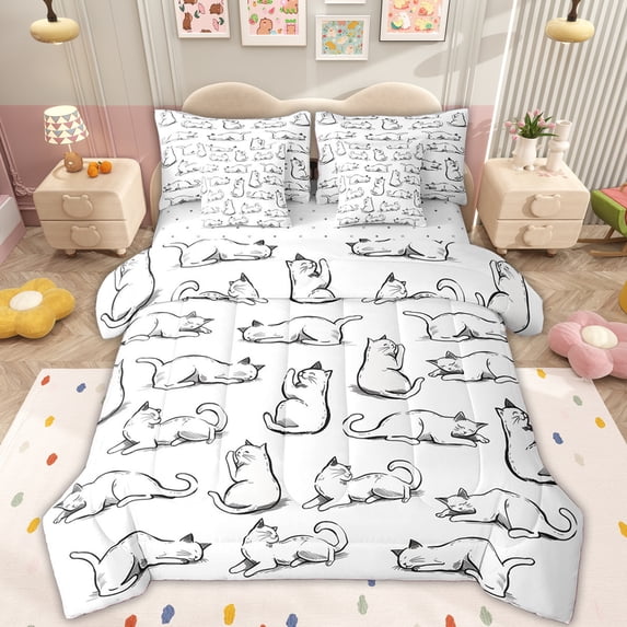 Erosebridal Kawaii Cat Lover Bedding Comforter Set for Kids, Cartoon Kitten Queen Bedding Sets, 7-Piece