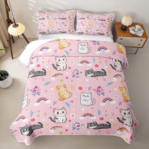 Erosebridal Kawaii Cat Rainbow Twin Quilt Set,Multicolor Kitten Floral Cloud Twin Coverlet Set For Girls,2 Pieces