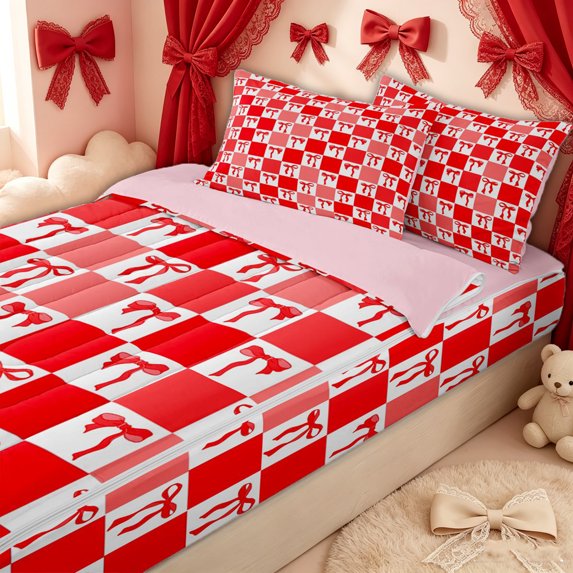 Erosebridal Kawaii Checker Bow Zipper Full Size Comforter Sets with Fitted Sheet and 2 Pillowcases for Girls, Red Classic Grid Ribbon Zipper Bedding Set, Pink Reversible, 4pcs