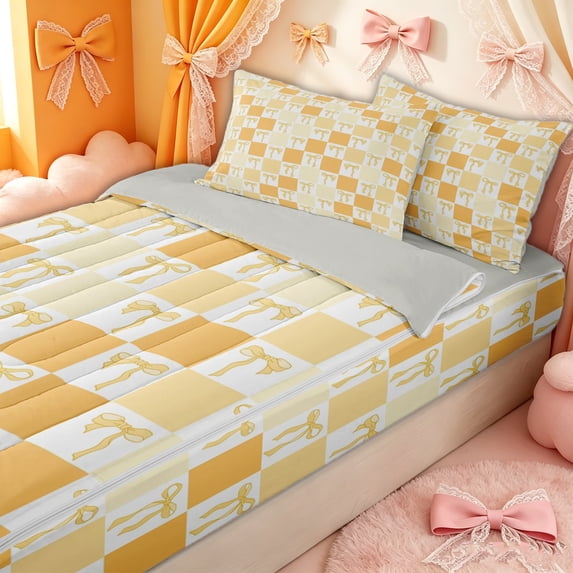 Erosebridal Kawaii Checker Bow Zipper Queen Comforter Set with Fitted Sheet and 2 Pillowcases for Girls, Yellow Grid Ribbon Zipper Bedding Set, Gray Reversible, 4-Piece