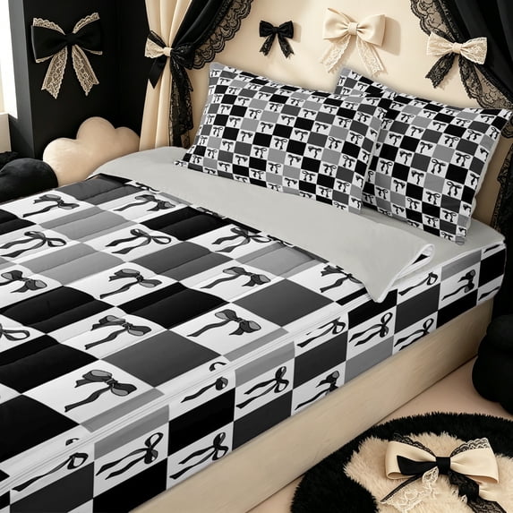 Erosebridal Kawaii Checker Bow Zipper Queen Comforter Set with Fitted Sheet and 2 Pillowcases for Women, Black Classic Grid Ribbon Zipper Bedding Set, Gray Reversible, 4-Piece