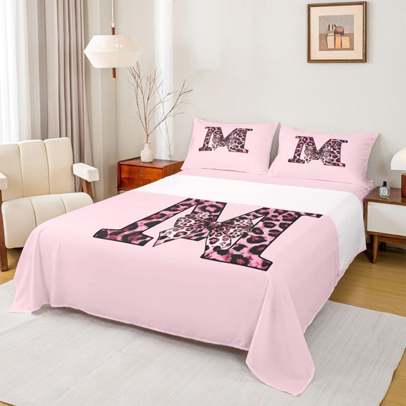 Erosebridal Kawaii Cheetah Print Bow Girl Queen Sheet Sets 4 Pieces,Girls Teens Leopard Print Letter Monogrammed M Bed Set