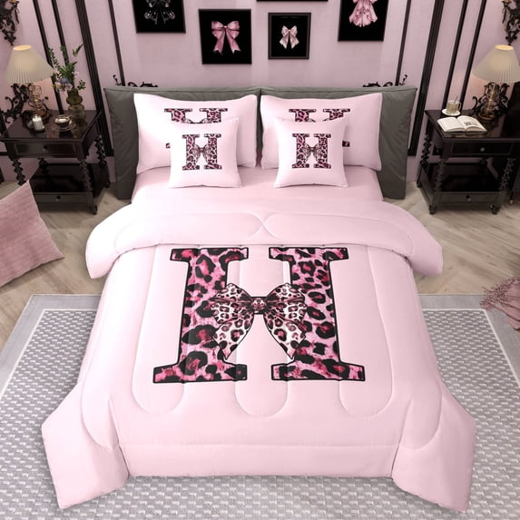 Erosebridal Kawaii Cheetah Print Bow Girl Twin Bedding Sets 7-Piece,Girls Teens Leopard Print Letter Monogrammed H Bedding Comforter Set,Pink Reversible