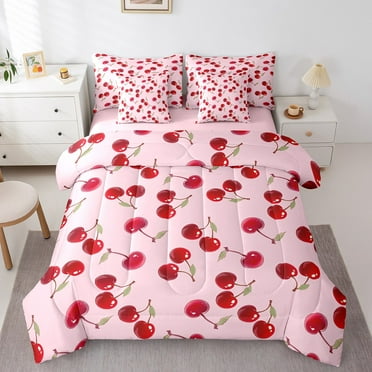 Erosebridal Kawaii Cherry Bedding Sets Twin Size,Pink Red Comforter Sets with Sheets,Fruit Room Decorative,Reversible,Lightweight,7-Piece