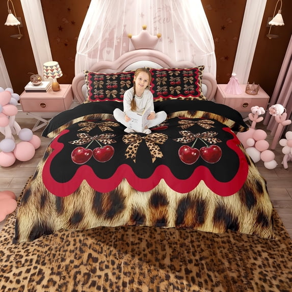 Erosebridal Kawaii Cherry Duvet Cover Set for Girls, Cheetah Print Bow Bedding Full, Black Reversible, 1 Duvet Cover and 2 Pillowcases (No Comforter)