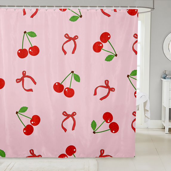 Erosebridal Kawaii Cherry Shower Curtain 72x72, Pink Bowknot Bath Curtain, Cartoon Princess Decor