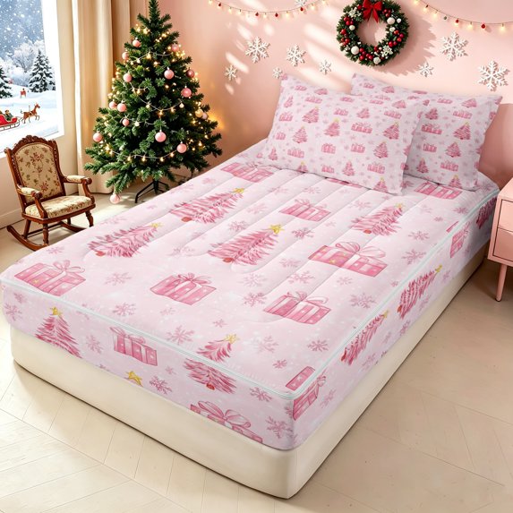Erosebridal Kawaii Christmas Zipper Full Size Comforter Sets with Fitted Sheet and 2 Pillowcases, House Snowflake Zipper Bedding Set, Pink, Pink Reversible, 4pcs