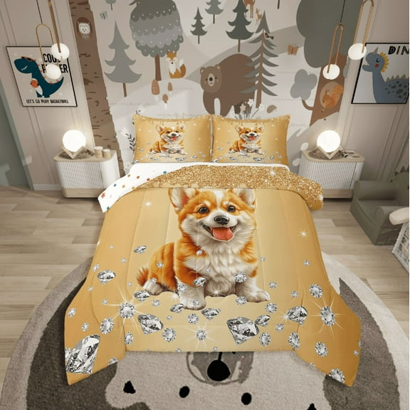 Erosebridal Kawaii Corgi Bedding Twin Comforter Set,Bling Sequin Print Down Comforter,Crystal Room Decorative,Reversible,2-Piece