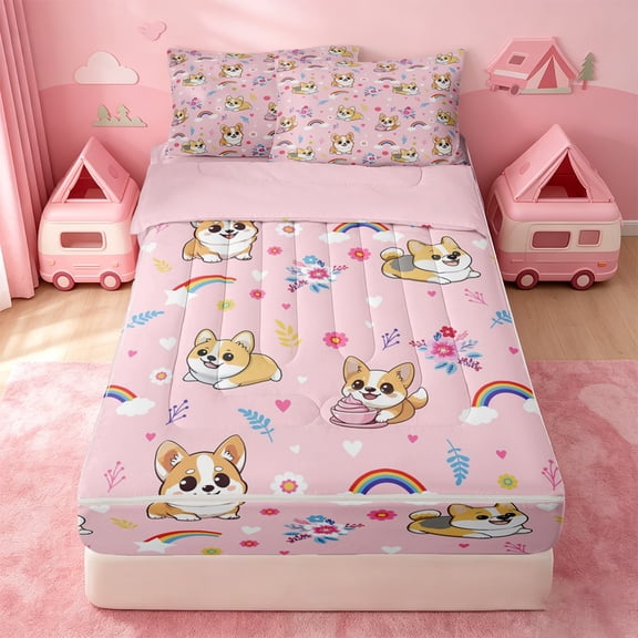 Erosebridal Kawaii Corgi Floral Zipper Twin Comforter Sets with Fitted Sheet and 2 Pillowcases,Puppy Rainbow Heart Zipper Bedding Set For Girls,Pink Reversible,4-Piece