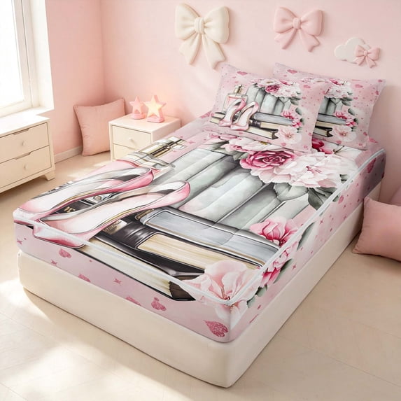 Erosebridal Kawaii Cosmetics Zipper Full Size Comforter Sets with Fitted Sheet and 2 Pillowcases for Girls, Highheels Perfume Print Zipper Bedding Set, Pink Reversible