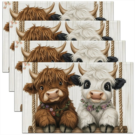 Erosebridal Kawaii Cow Placemats Set of 4, Farmhouse Table Mats for Dining Table Set of 4, Colorful Floral Decor