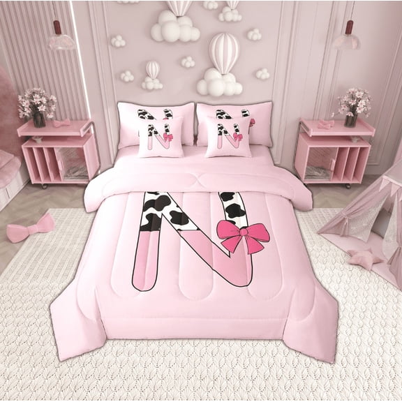 Erosebridal Letter Initial O Bedding Sets Twin Size,Kawaii Bow Comforter Sets with Sheets,Lightweight Reversible Bed in a Bag Twin size,Cow Print Decor,7pcs