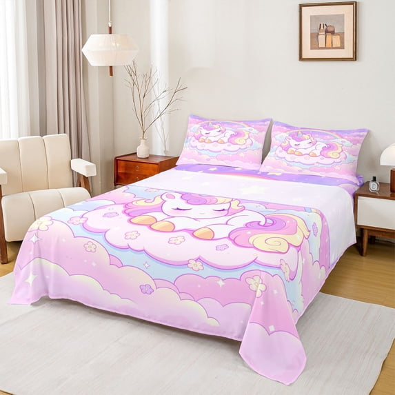 Erosebridal Kawaii Cute Unicorn Full Size Sheets,Pink Clouds Cute Stars Bed Sheets For Kids Girls 4pcs
