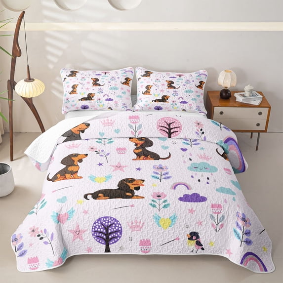 Erosebridal Kawaii Dachshund Quilt King for Boys Girls, Cartoon Animal King Coverlet Set, 3-Piece 1 Quilt and 2 Pillowcases