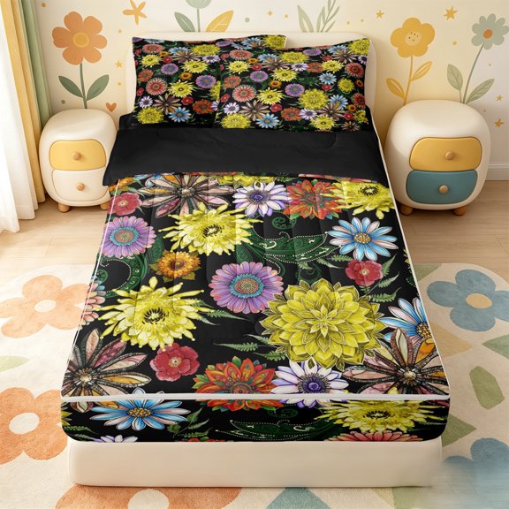 Erosebridal Kawaii Daisy Blooms Zipper Twin Comforter Sets with Fitted Sheet and 2 Pillowcases,Multicolor Boho Flowers Zipper Bedding Set For Girls,Black Reversible,4-Piece