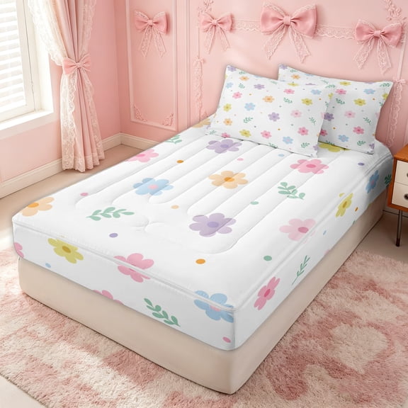 Erosebridal Kawaii Daisy Groovy Zipper Twin Comforter Sets with Fitted Sheet and 2 Pillowcases for Girls, Cartoon Flower Leaf Zipper Bedding Set, Pink Reversible, 4pcs