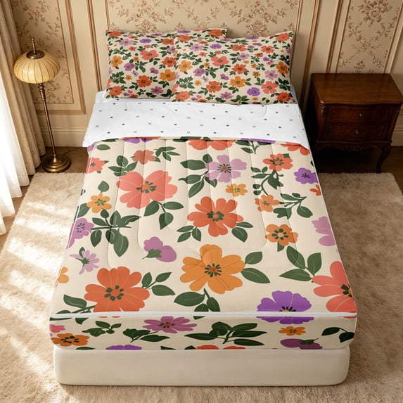 Erosebridal Kawaii Daisy Zipper Queen Comforter Set with Fitted Sheet and 2 Pillowcases, Cartoon Blossom Zipper Bedding Set, Reversible, Orange Violet, Reversible