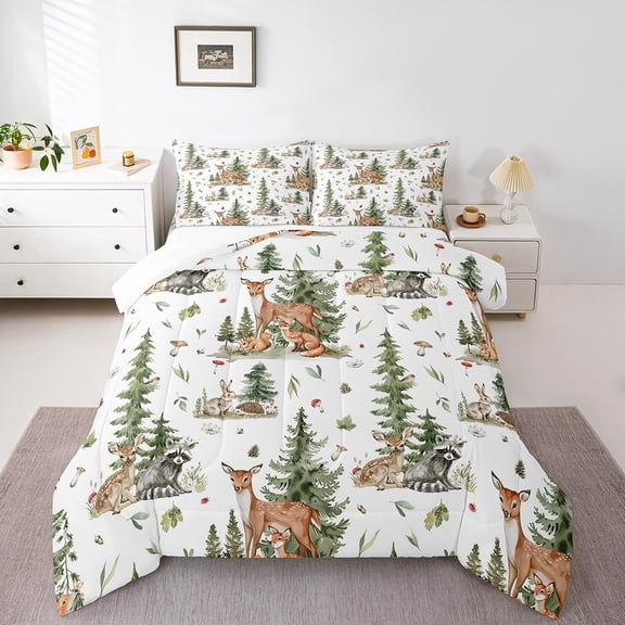 Erosebridal Kawaii Deer Raccoon Bedding Twin Comforter Set,Woodland Animal Down Comforter,Cartoon Decor,2-Piece