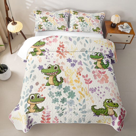 Erosebridal Kawaii Dinosaur Twin Quilt Set for Girls, Watercolor Forest Floral Leaf Twin Coverlet Set, 2 Pieces