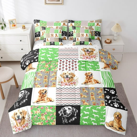 Erosebridal Kawaii Dog Bedding Sets Queen Size, Pet Lover Comforter Sets with Sheets, Patchwork Flower Decor, 7pcs