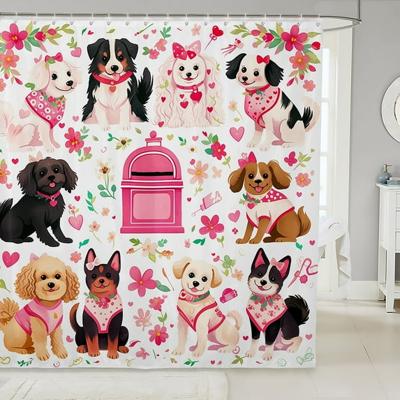 Erosebridal Kawaii Dogs Shower Curtain 72x72,Pink Flower Bath Curtain,Animal Decor