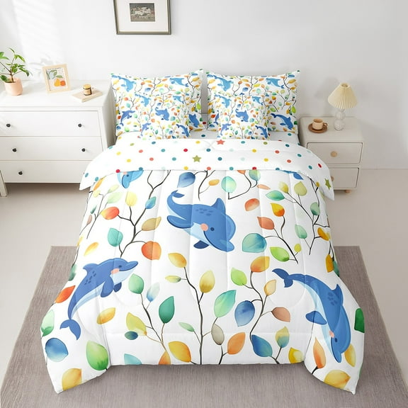 Erosebridal Kawaii Dolphin Twin Comforter Set 7pcs Chic Elegant Floral Bedding Comforter Sets, Sea Ocean Animal Bed in a Bag Watercolor Leaves Bedding Set, Tropical Plant Bed Sheets Set