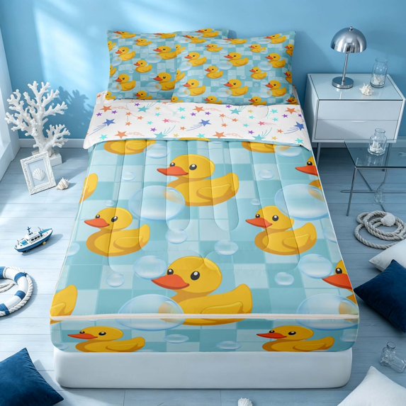 Erosebridal Kawaii Duck Zipper Full Size Comforter Sets with Fitted Sheet and 2 Pillowcases, Marine Animal Zipper Bedding Set, Stars Reversible