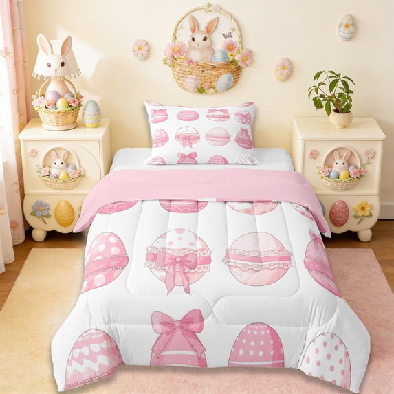 Erosebridal Kawaii Easter Eggs Kids Twin Comforter Sets,Pink Bowknot Cute Bows Bedding Set For Bowtie Girls ,Reversible Pink 2 Pieces