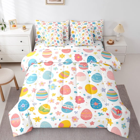 Erosebridal Kawaii Eggs Bed in a Bag King size, Colorful Folwer Bed Set, Polka Dots Decor, Reversible 7pcs