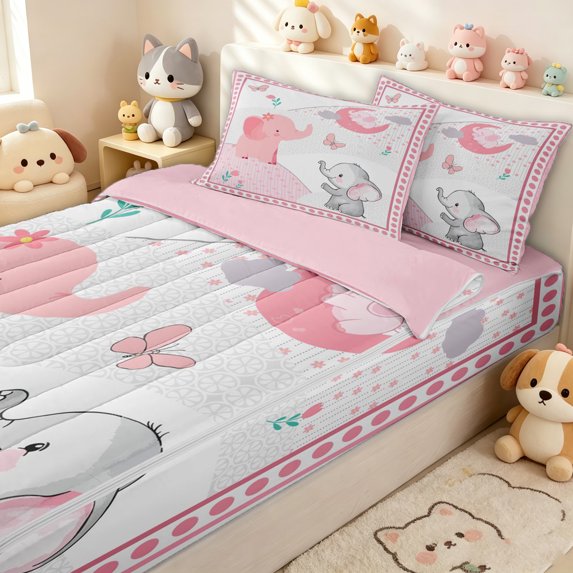 Erosebridal Kawaii Elephant Zipper Queen Comforter Set with Fitted Sheet and 2 Pillowcases for Girls, Garden Butterfly Print Zipper Bedding Set, Pink Reversible, 4-Piece