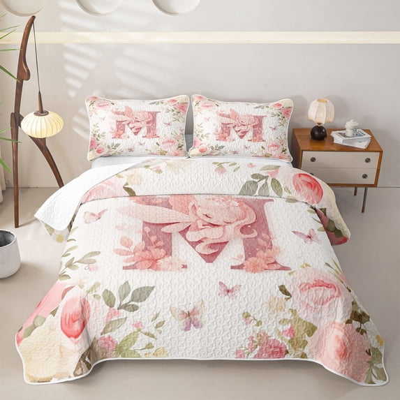 Erosebridal Kawaii Elf Twin Quilt Set for Girls, Flower Monogrammed M Twin Coverlet Set, 2-Piece 1 Quilt and 1 Pillowcase