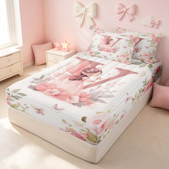 Erosebridal Kawaii Elf Zipper Twin Comforter Sets with Fitted Sheet and 2 Pillowcases for Girls, Flower Monogrammed V Zipper Bedding Set, Pink Reversible