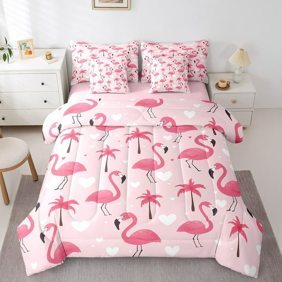 Erosebridal Kawaii Flamingo Bed in a Bag Full size,Palm Tree Bed Set,Animal Decoration,Reversible,Lightweight,7-Piece