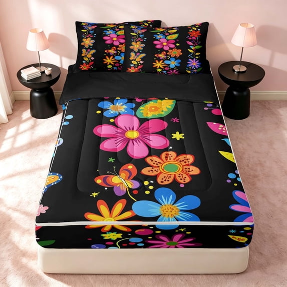 Erosebridal Kawaii Floral Zipper Twin Comforter Sets with Fitted Sheet and 2 Pillowcases, Groovy Blossom Zipper Bedding Set, Black Reversible, Multicolor Floral, Black Reversible