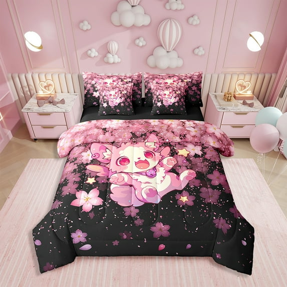 Erosebridal Kawaii Fox Bedding Sets Twin Size, Japanese Cartoon Flower Comforter Sets with Sheets, Anime Animal Decor, 7pec