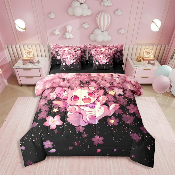 Erosebridal Kawaii Fox Bedding Sets Twin Size, Japanese Cartoon Flower Comforter Sets with Sheets, Anime Animal Decor, 7pec